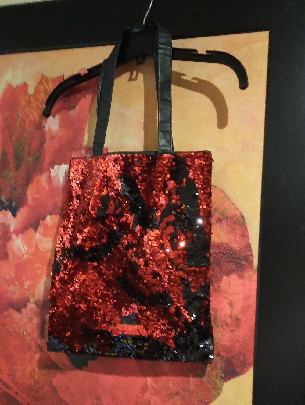 NEW GORGEOUSLY FANCY SEQUIN RED & BLACK TOTE BAG LEATHERETTE